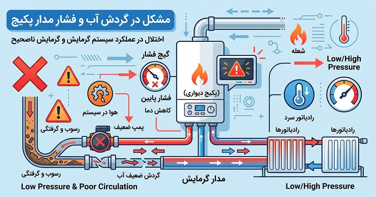 مشکل در گردش آب و فشار مدار پکیج